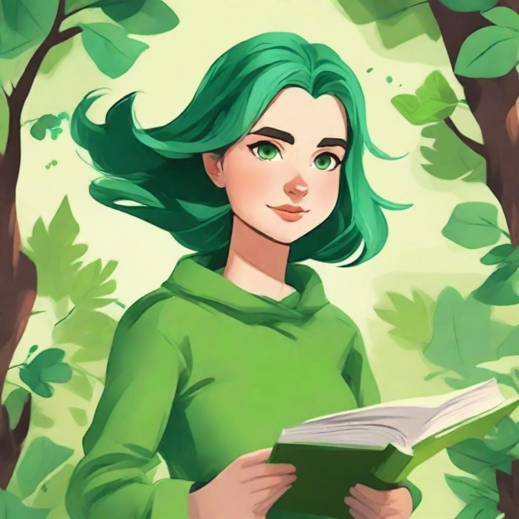 Create an image of a young comic girl with a green theme