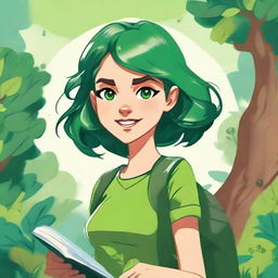 Create an image of a young comic girl with a green theme