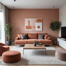 A modern, stylish and cozy interior design of a living room with comfortable furniture, sleek finishes and warm, inviting colors.