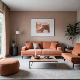 A modern, stylish and cozy interior design of a living room with comfortable furniture, sleek finishes and warm, inviting colors.