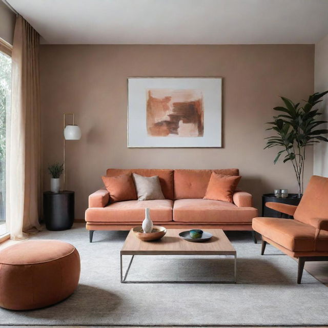 A modern, stylish and cozy interior design of a living room with comfortable furniture, sleek finishes and warm, inviting colors.