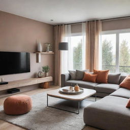 A modern, stylish and cozy interior design of a living room with comfortable furniture, sleek finishes and warm, inviting colors.