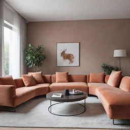 A modern, stylish and cozy interior design of a living room with comfortable furniture, sleek finishes and warm, inviting colors.