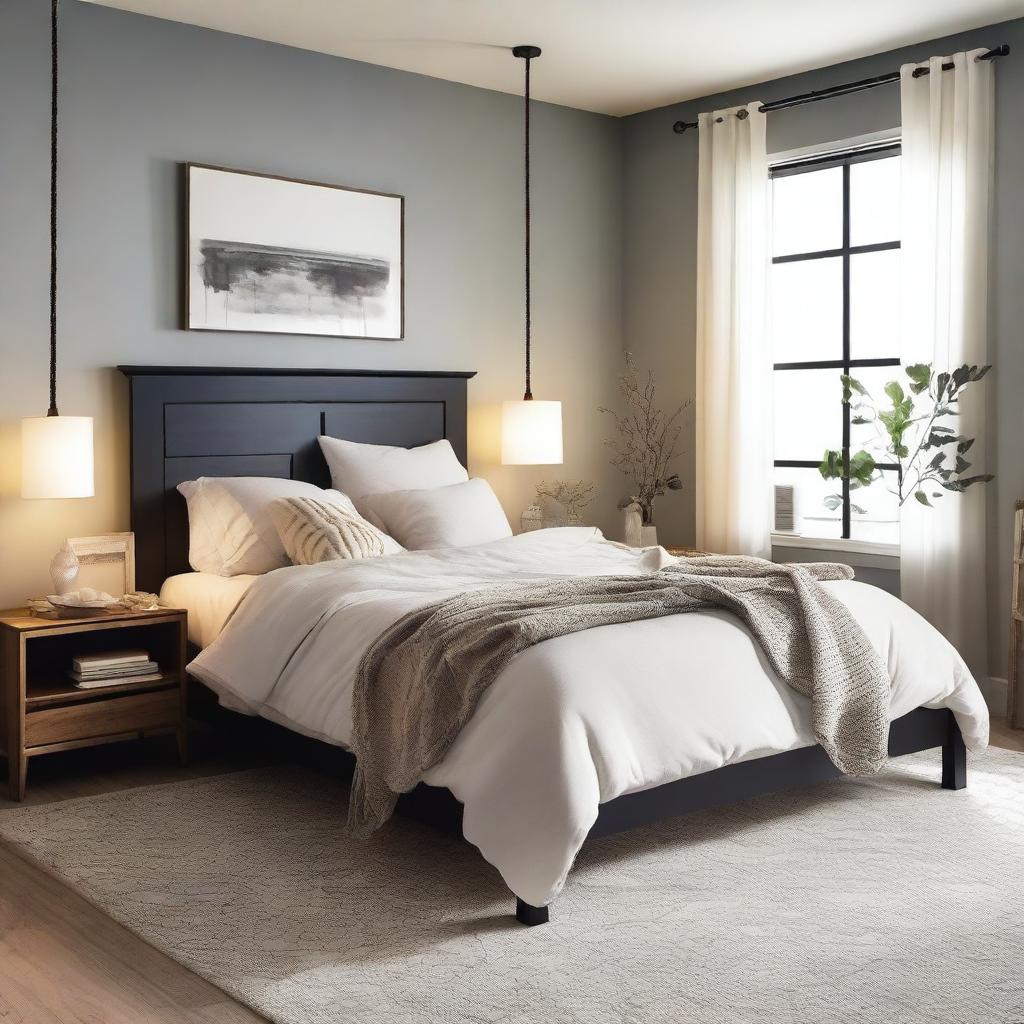 Design a cozy bedroom with a comfortable bed, soft lighting, and elegant decor