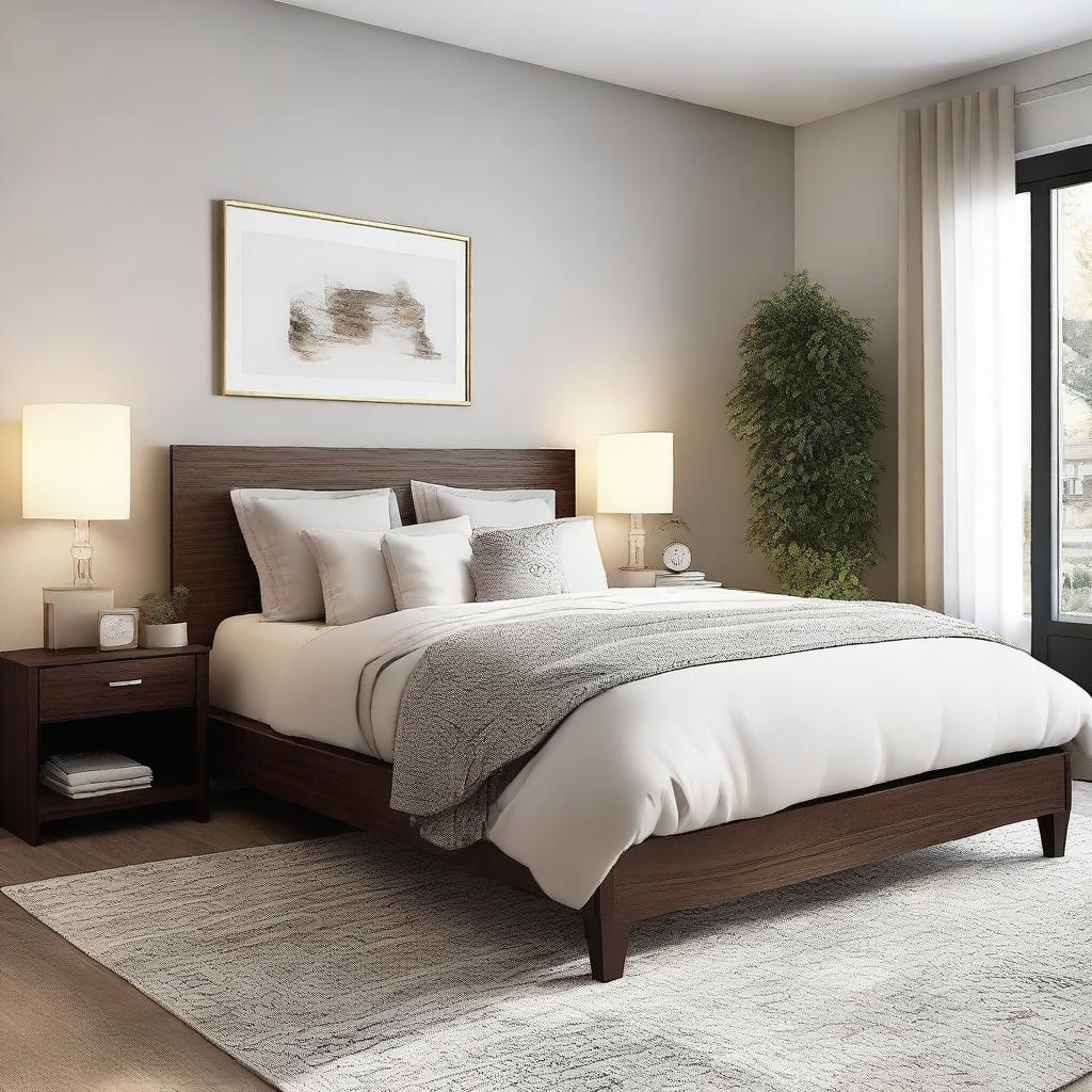 Design a cozy bedroom with a comfortable bed, soft lighting, and elegant decor