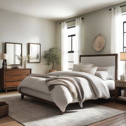 Design a cozy bedroom with a comfortable bed, soft lighting, and elegant decor