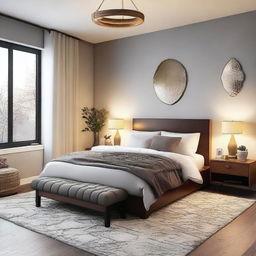 Design a cozy bedroom with a comfortable bed, soft lighting, and elegant decor