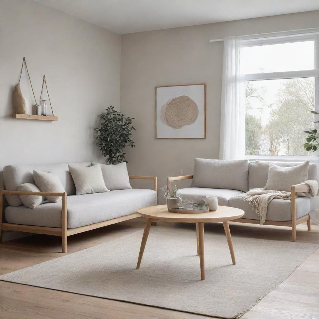 A minimalist Scandinavian style living room with neutral tones, a cozy seating area, natural wooden elements, light fabrics, and soft lighting.