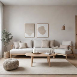 A minimalist Scandinavian style living room with neutral tones, a cozy seating area, natural wooden elements, light fabrics, and soft lighting.