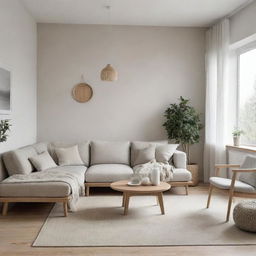 A minimalist Scandinavian style living room with neutral tones, a cozy seating area, natural wooden elements, light fabrics, and soft lighting.