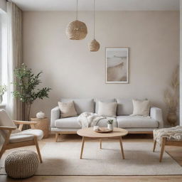 A minimalist Scandinavian style living room with neutral tones, a cozy seating area, natural wooden elements, light fabrics, and soft lighting.