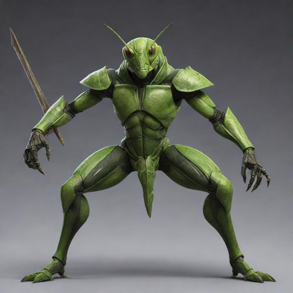 A powerful warrior with features of a grasshopper, poised in a combat stance with armor and weapons. Incorporate elements of a grasshopper's anatomy into his design.