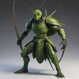 A powerful warrior with features of a grasshopper, poised in a combat stance with armor and weapons. Incorporate elements of a grasshopper's anatomy into his design.