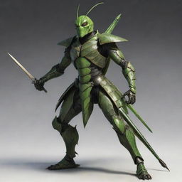 A powerful warrior with features of a grasshopper, poised in a combat stance with armor and weapons. Incorporate elements of a grasshopper's anatomy into his design.