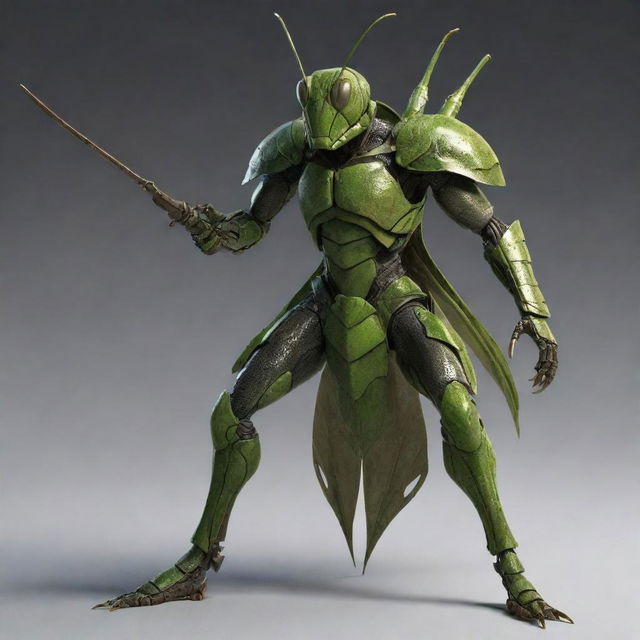 A powerful warrior with features of a grasshopper, poised in a combat stance with armor and weapons. Incorporate elements of a grasshopper's anatomy into his design.