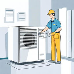 An illustration of a technician cleaning an air conditioner