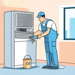 An illustration of a technician cleaning an air conditioner