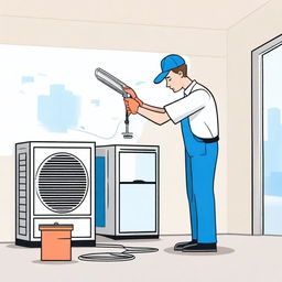 An illustration of a technician cleaning an air conditioner