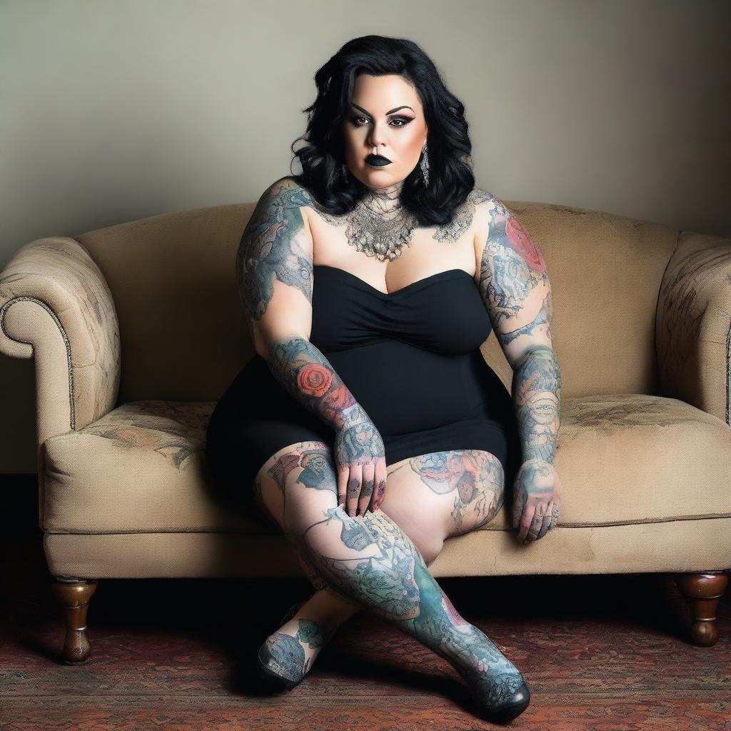 A plus-size woman is the central figure, kneeling comfortably on a beige couch