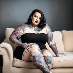 A plus-size woman is the central figure, kneeling comfortably on a beige couch