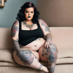 A plus-size woman is the central figure, kneeling comfortably on a beige couch