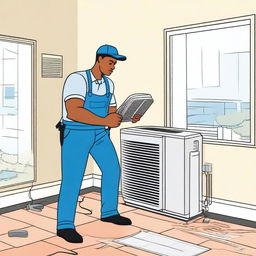 An illustration of a technician servicing and cleaning a residential air conditioner