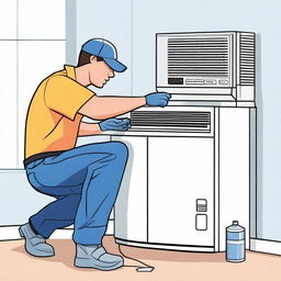 An illustration of a technician servicing and cleaning a residential air conditioner