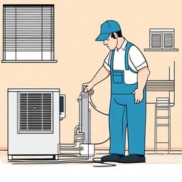 An illustration of a technician servicing and cleaning a residential air conditioner