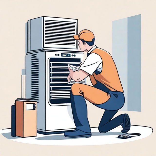 An illustration of a technician servicing and cleaning a residential air conditioner