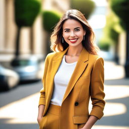 A beautiful young woman with a confident and stylish appearance, standing in a scenic outdoor setting