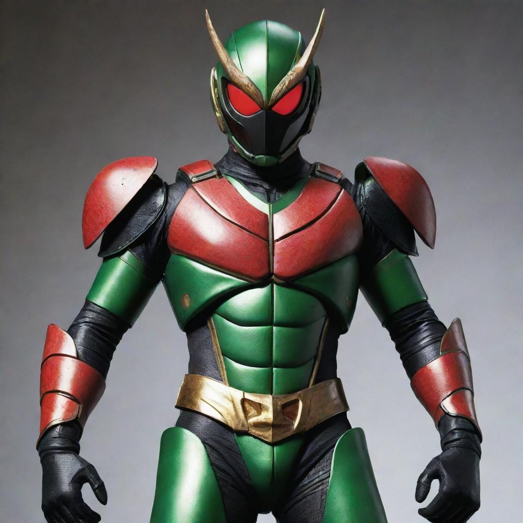 Kamen Rider designed with insect-themed armor and helmet. He stands in a heroic pose, showcasing his detailed, bug-inspired gear.