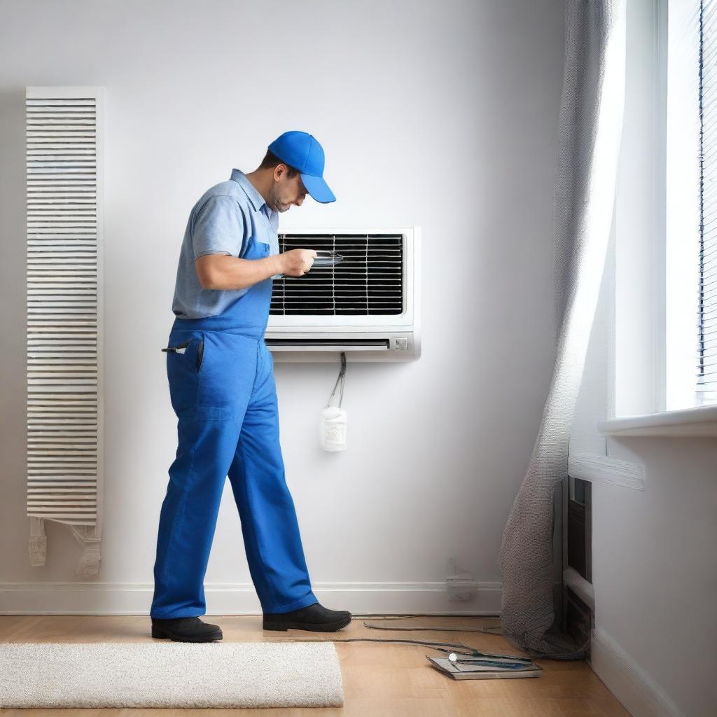 A realistic depiction of a technician cleaning a residential air conditioner