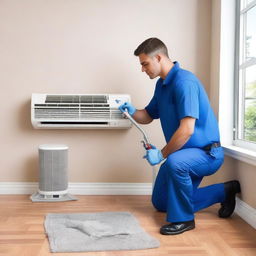 A realistic depiction of a technician cleaning a residential air conditioner