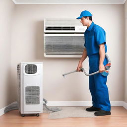 A realistic depiction of a technician cleaning a residential air conditioner