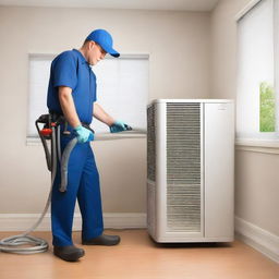 A realistic depiction of a technician cleaning a residential air conditioner