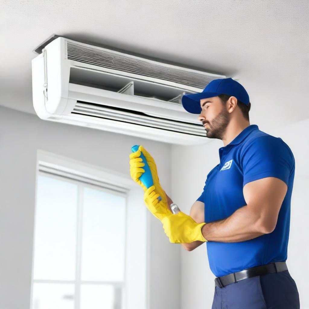 A realistic depiction of a technician cleaning a ceiling-mounted residential air conditioner