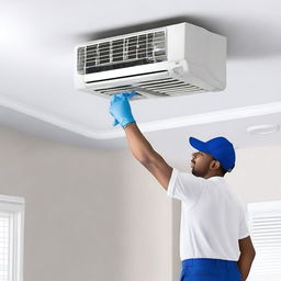 A realistic depiction of a technician cleaning a ceiling-mounted residential air conditioner