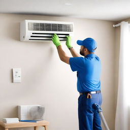 A realistic depiction of a technician cleaning a ceiling-mounted residential air conditioner