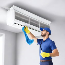 A realistic depiction of a technician cleaning a ceiling-mounted residential air conditioner