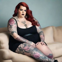 In the image, Tess Holliday, a plus-size woman, is the central figure, kneeling comfortably on a beige couch