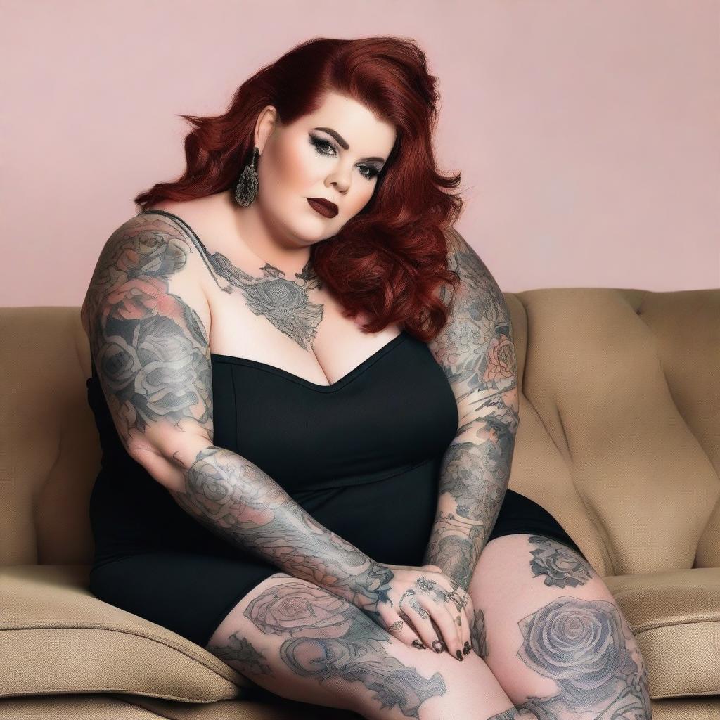 In the image, Tess Holliday, a plus-size woman, is the central figure, kneeling comfortably on a beige couch