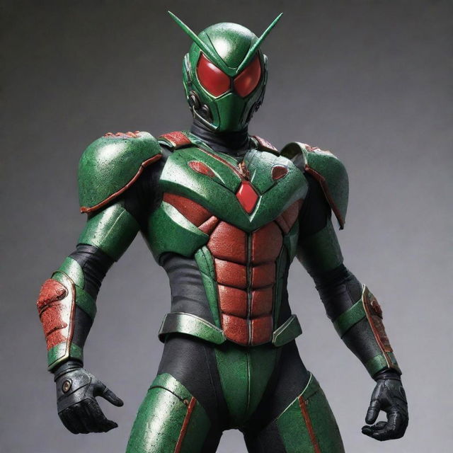 Kamen Rider designed with insect-themed armor and helmet. He stands in a heroic pose, showcasing his detailed, bug-inspired gear.