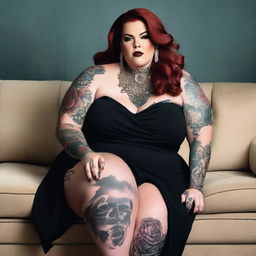 In the image, Tess Holliday, a plus-size woman, is the central figure, kneeling comfortably on a beige couch