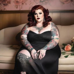 In the image, Tess Holliday, a plus-size woman, is the central figure, kneeling comfortably on a beige couch