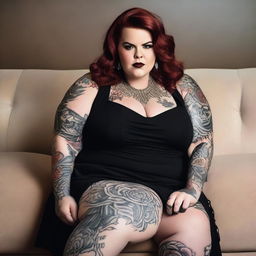 In the image, Tess Holliday, a plus-size woman, is the central figure, kneeling comfortably on a beige couch