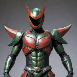 Kamen Rider designed with insect-themed armor and helmet. He stands in a heroic pose, showcasing his detailed, bug-inspired gear.