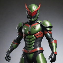 Kamen Rider designed with insect-themed armor and helmet. He stands in a heroic pose, showcasing his detailed, bug-inspired gear.