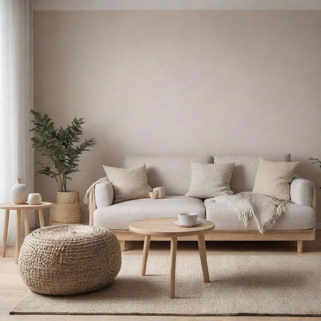 A minimalist Scandinavian style living room viewed from multiple angles showing neutral tones, a cozy seating area, natural wooden elements, light fabrics, and soft lighting.