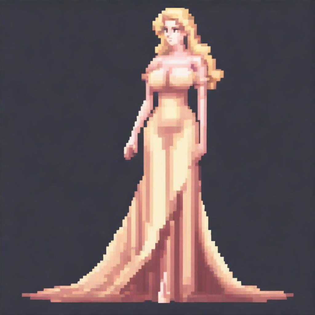 A full-body pixel art image of a very beautiful blonde woman with large breasts, wearing a dress