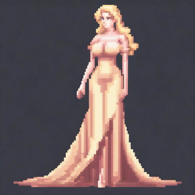 A full-body pixel art image of a very beautiful blonde woman with large breasts, wearing a dress